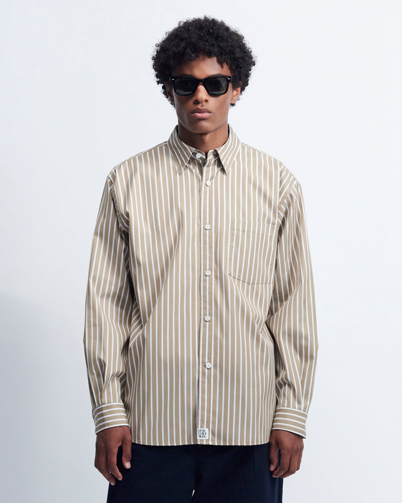 Billie - Striped Cotton Poplin in Light Brown Stripe - view 1