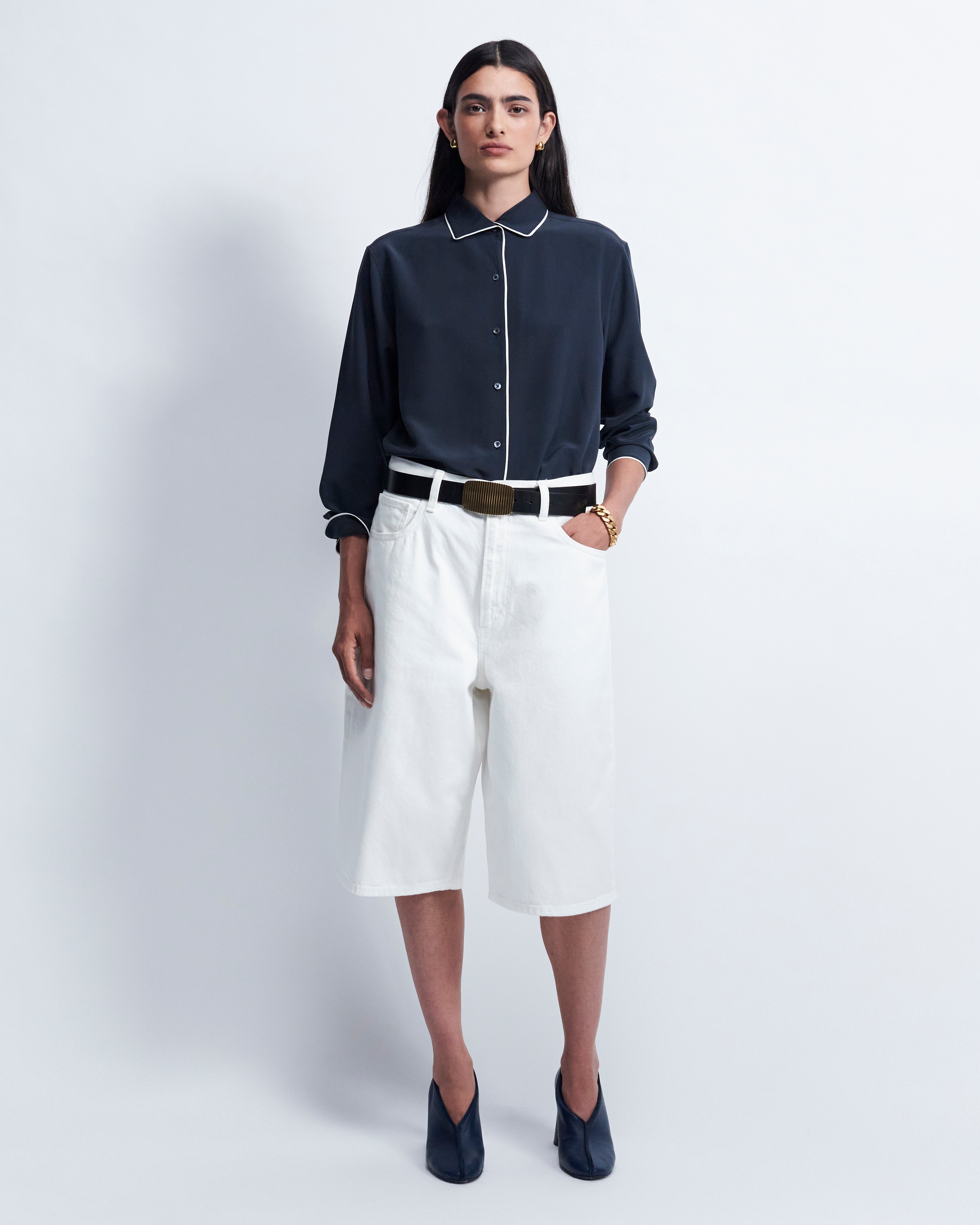 Capri - Silk Crepe de Chine in Midnight Navy / Ivory - view 1