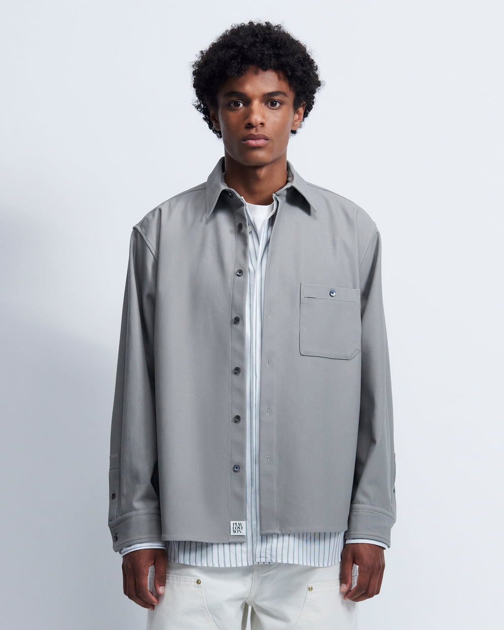 Ian - Cotton Serge Twill in Grey / White Stripe - view 1