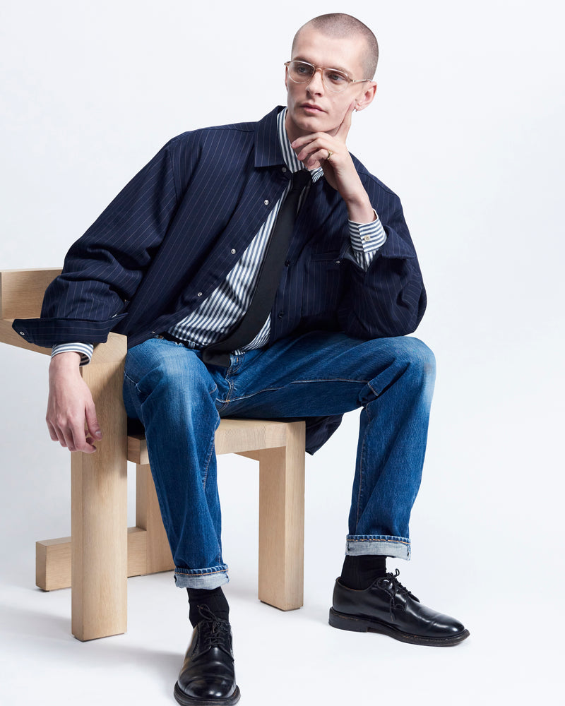 Johnson - Technical Wool Gabardine in Navy stripe - view 1