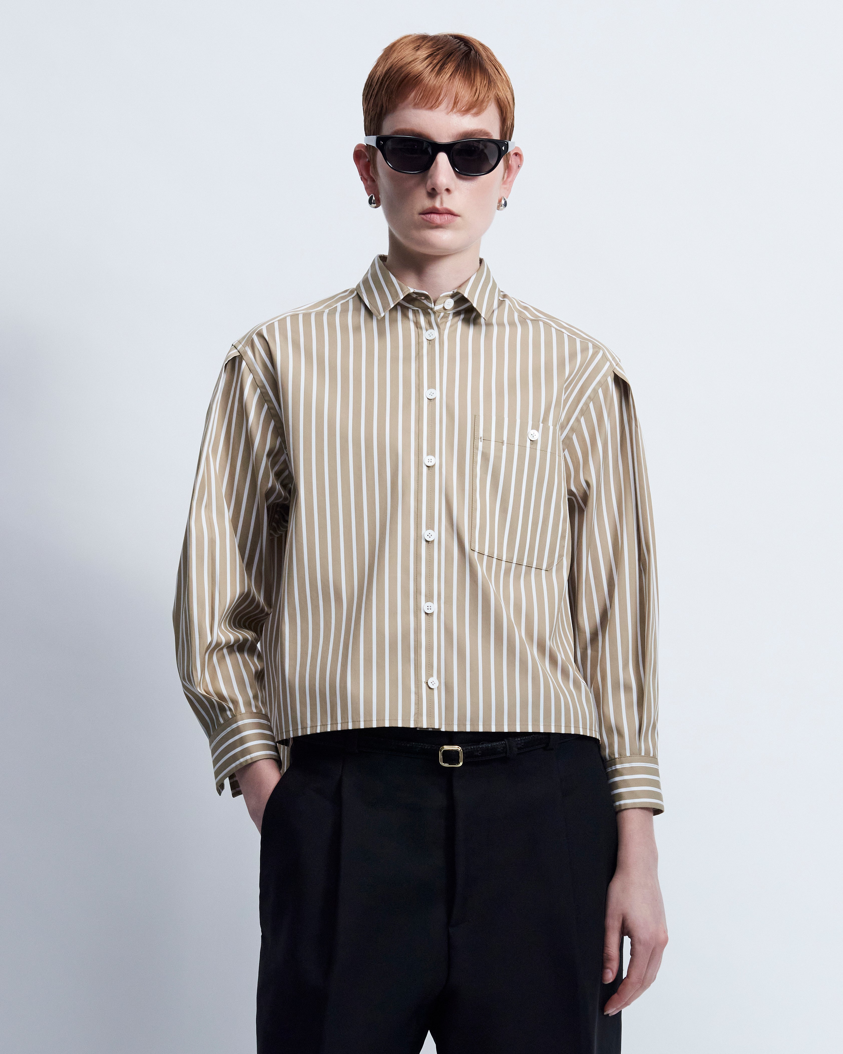 Linda - Striped Cotton Poplin in Light Brown Stripe - view 1