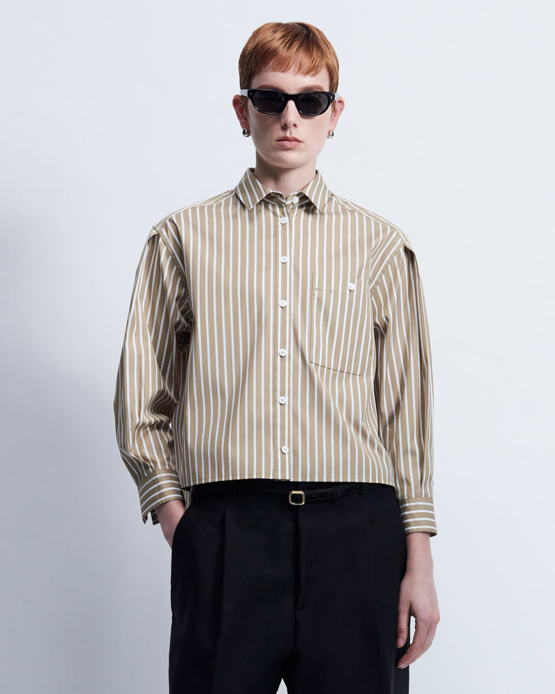 Linda - Striped Cotton Poplin in Light Brown Stripe - view 1