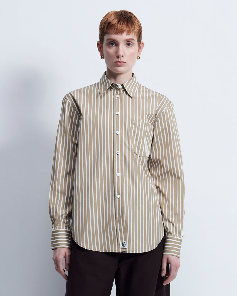 Maria - Striped Cotton Poplin in Light Brown Stripe - view 1