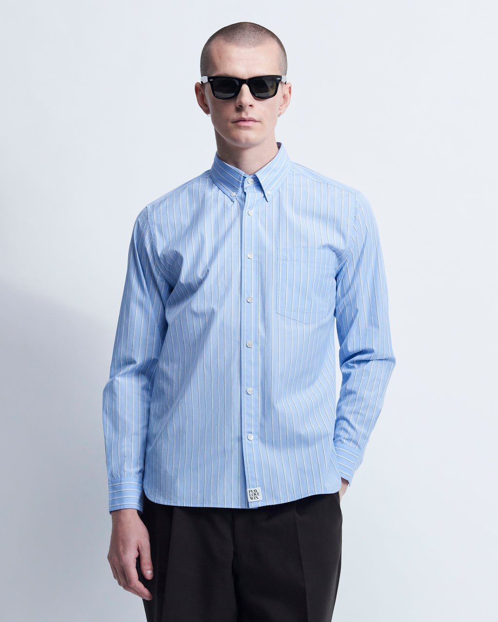 Spencer - Striped Cotton Poplin in Blue Stripe - view 1