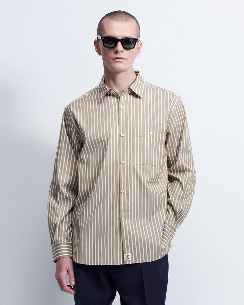 Walter - Striped Cotton Poplin in Light Brown Stripe - view 1