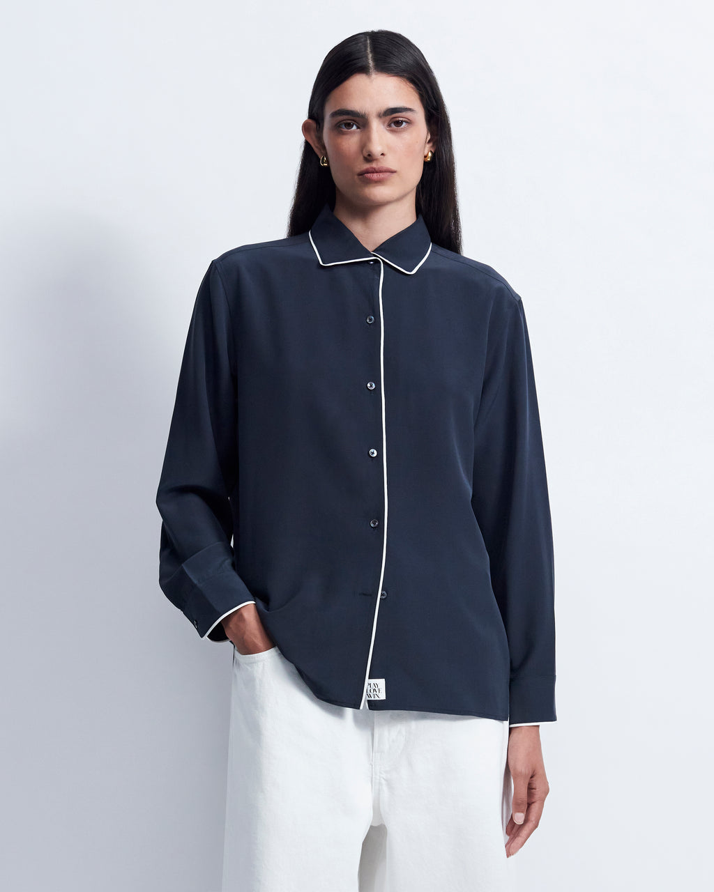 Capri - Silk Crepe de Chine in Midnight Navy / Ivory - view 2