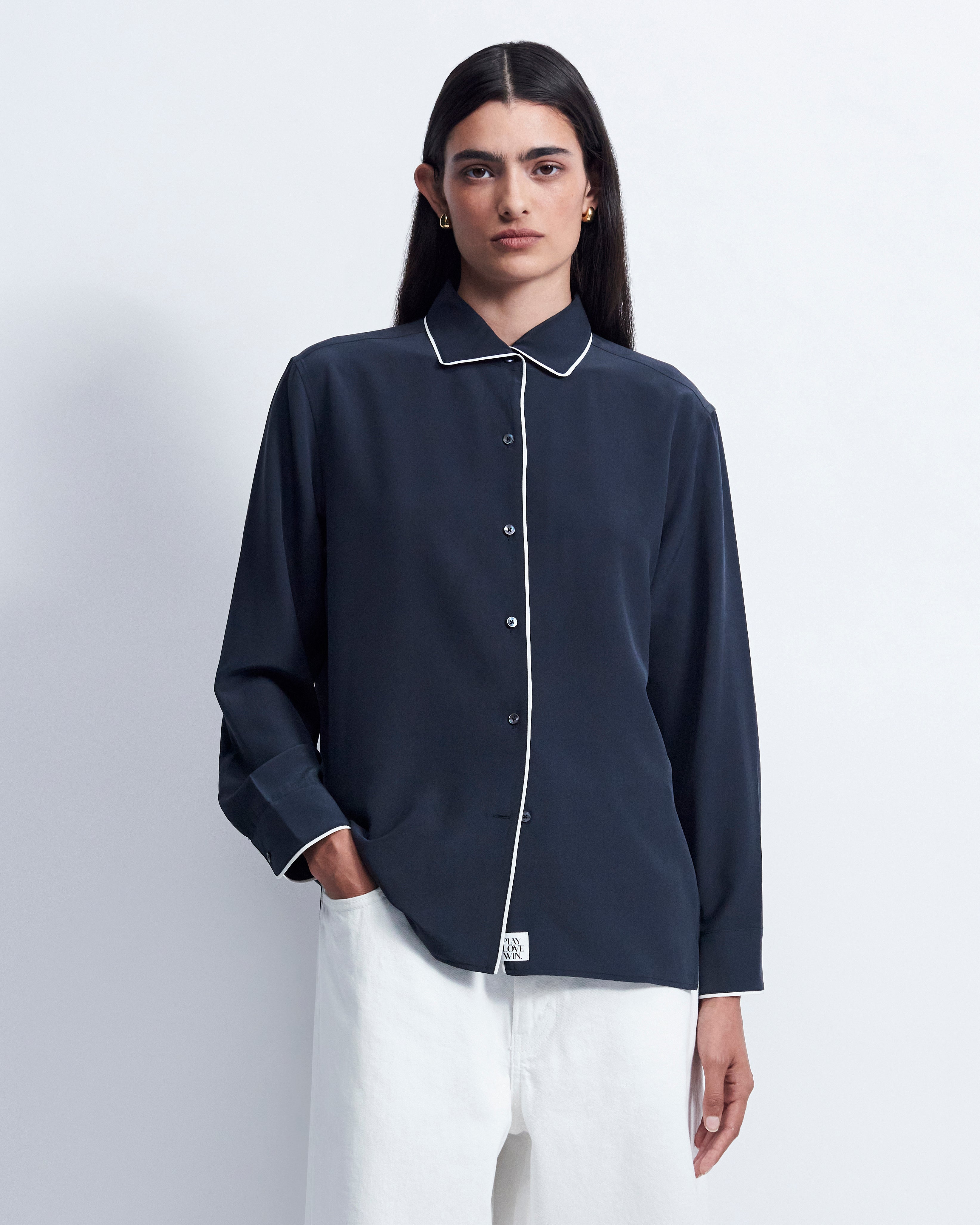 Capri - Silk Crepe de Chine in Midnight Navy / Ivory - view 2