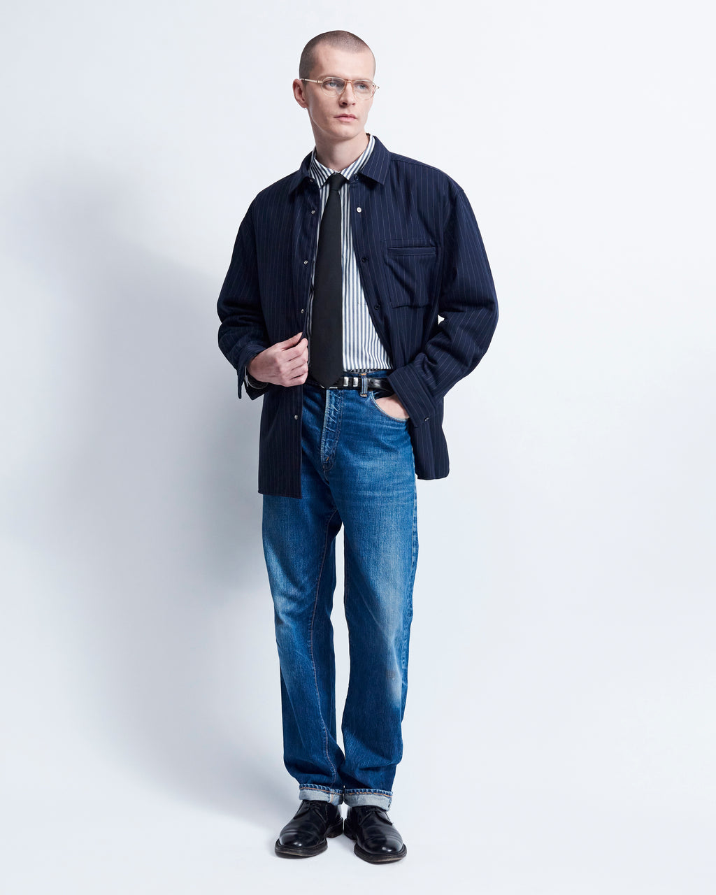 Johnson - Technical Wool Gabardine in Navy stripe - view 2
