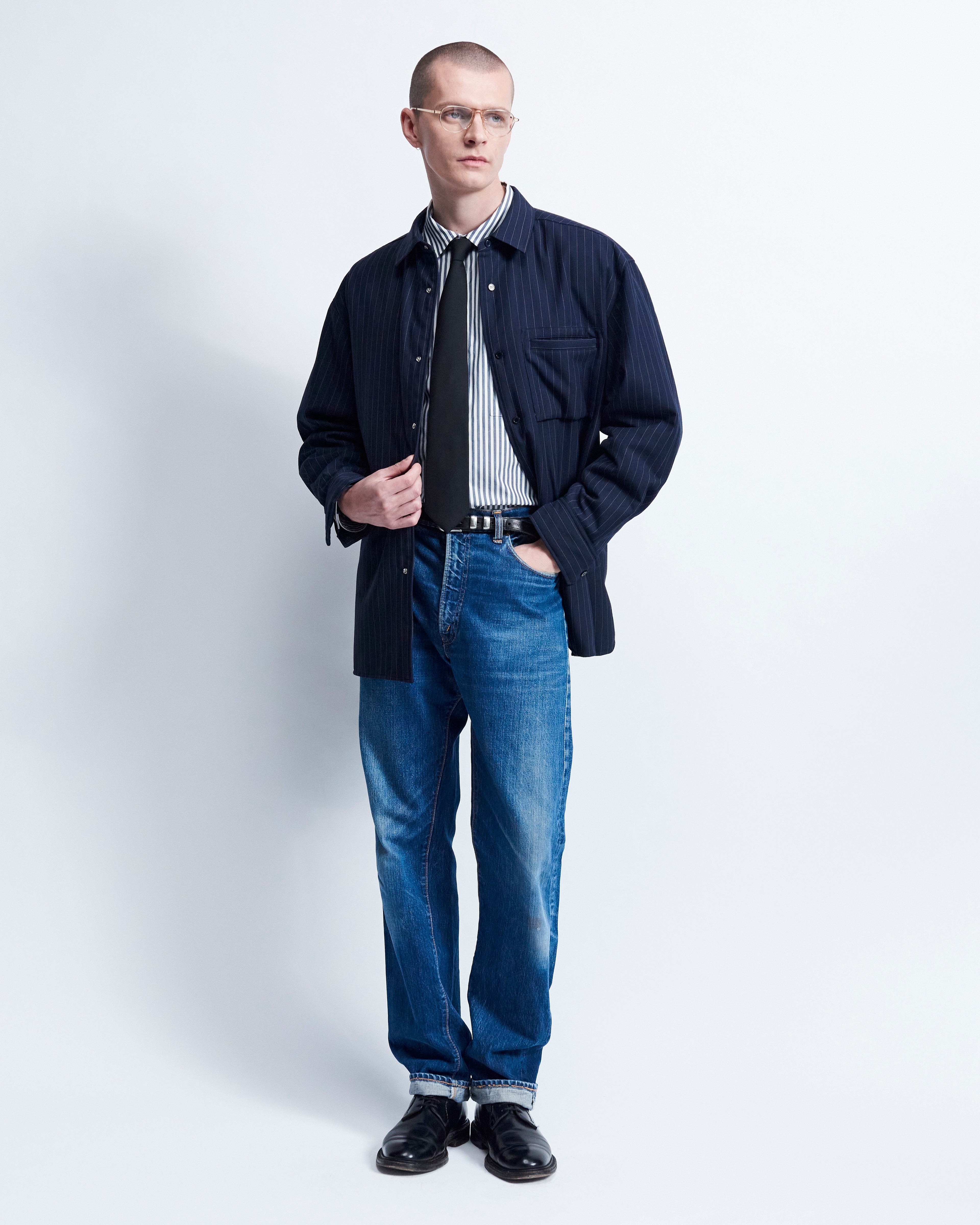 Johnson - Technical Wool Gabardine in Navy stripe - view 2