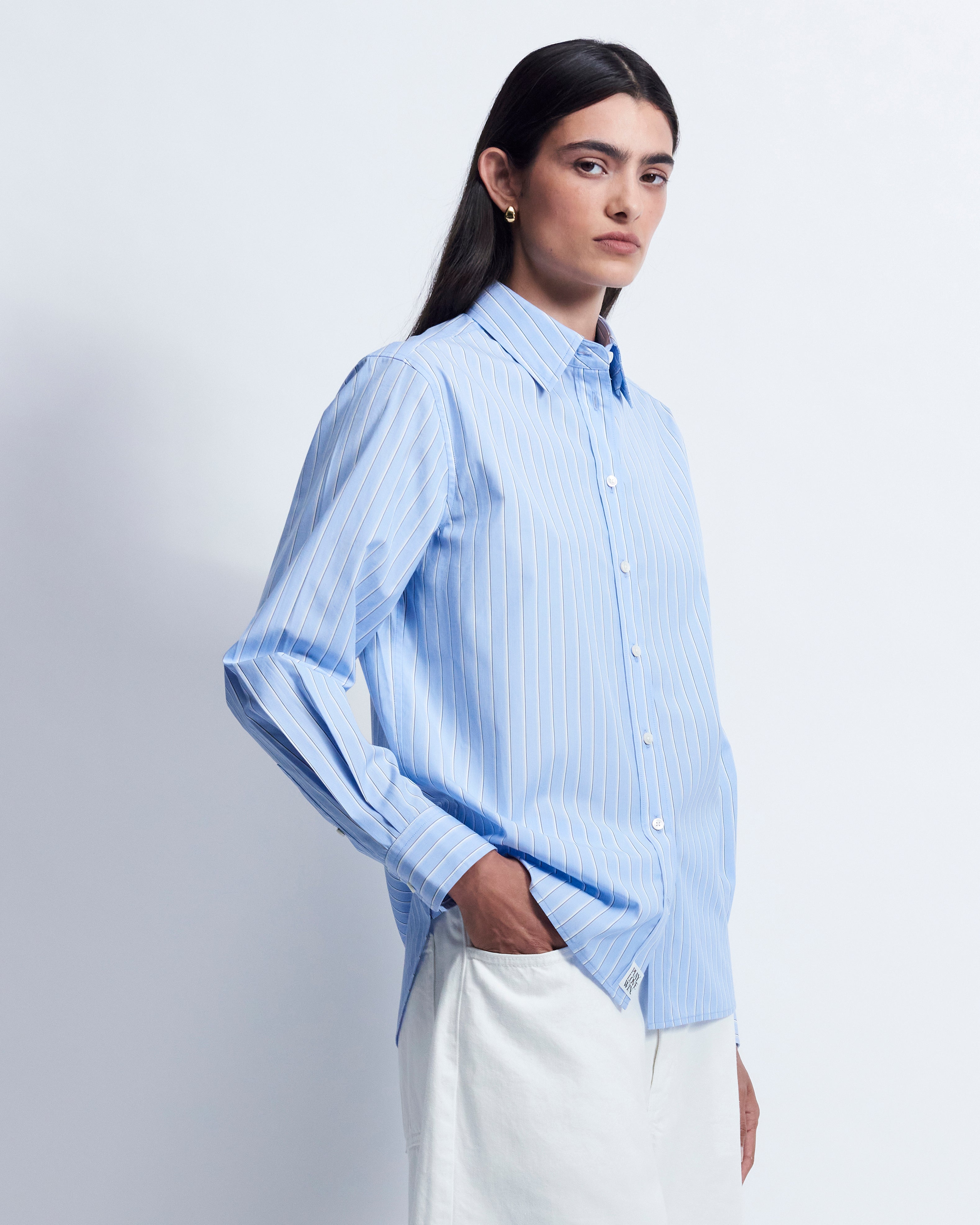Lillian - Striped Cotton Poplin in Blue Stripe - view 2