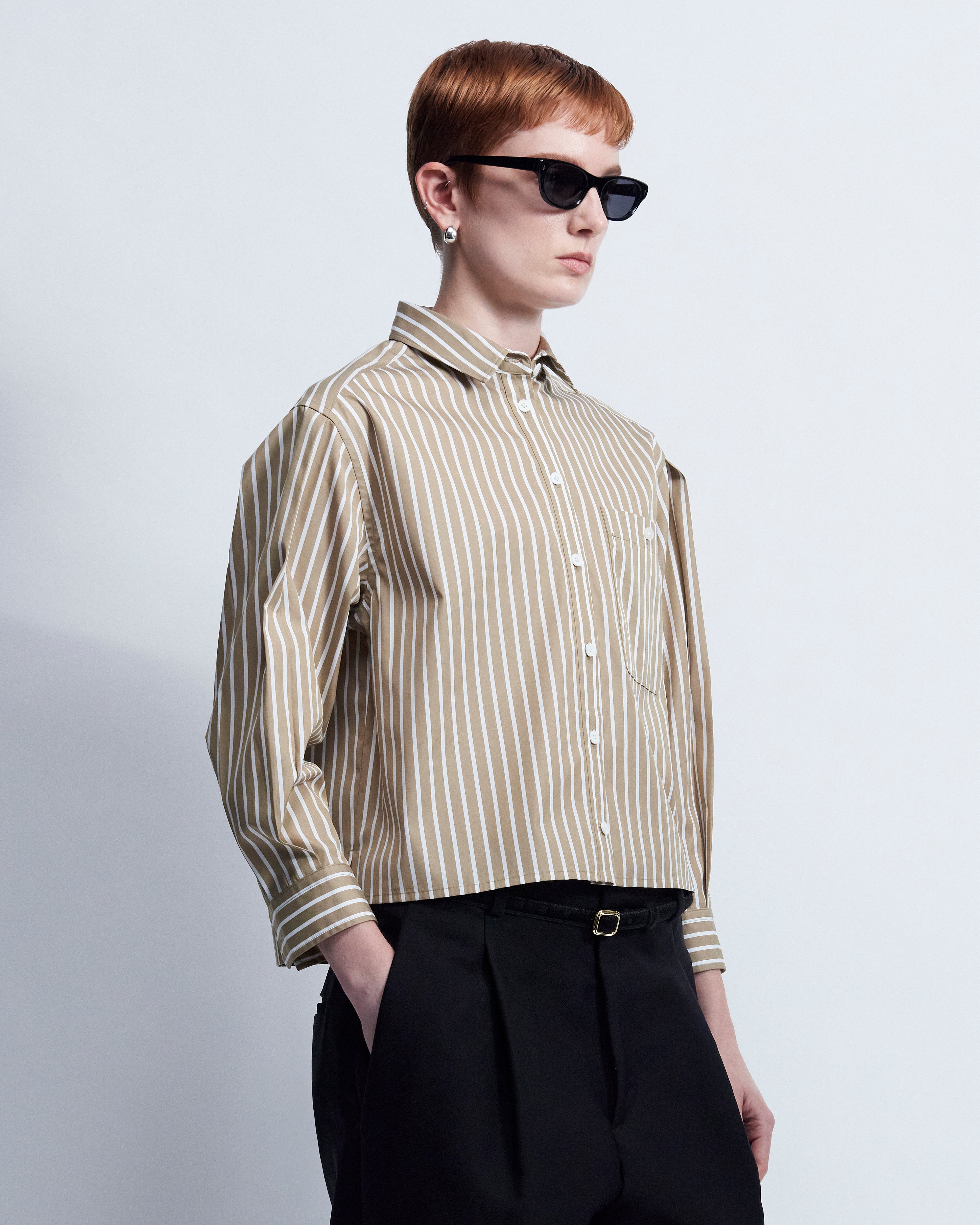 Linda - Striped Cotton Poplin in Light Brown Stripe - view 2