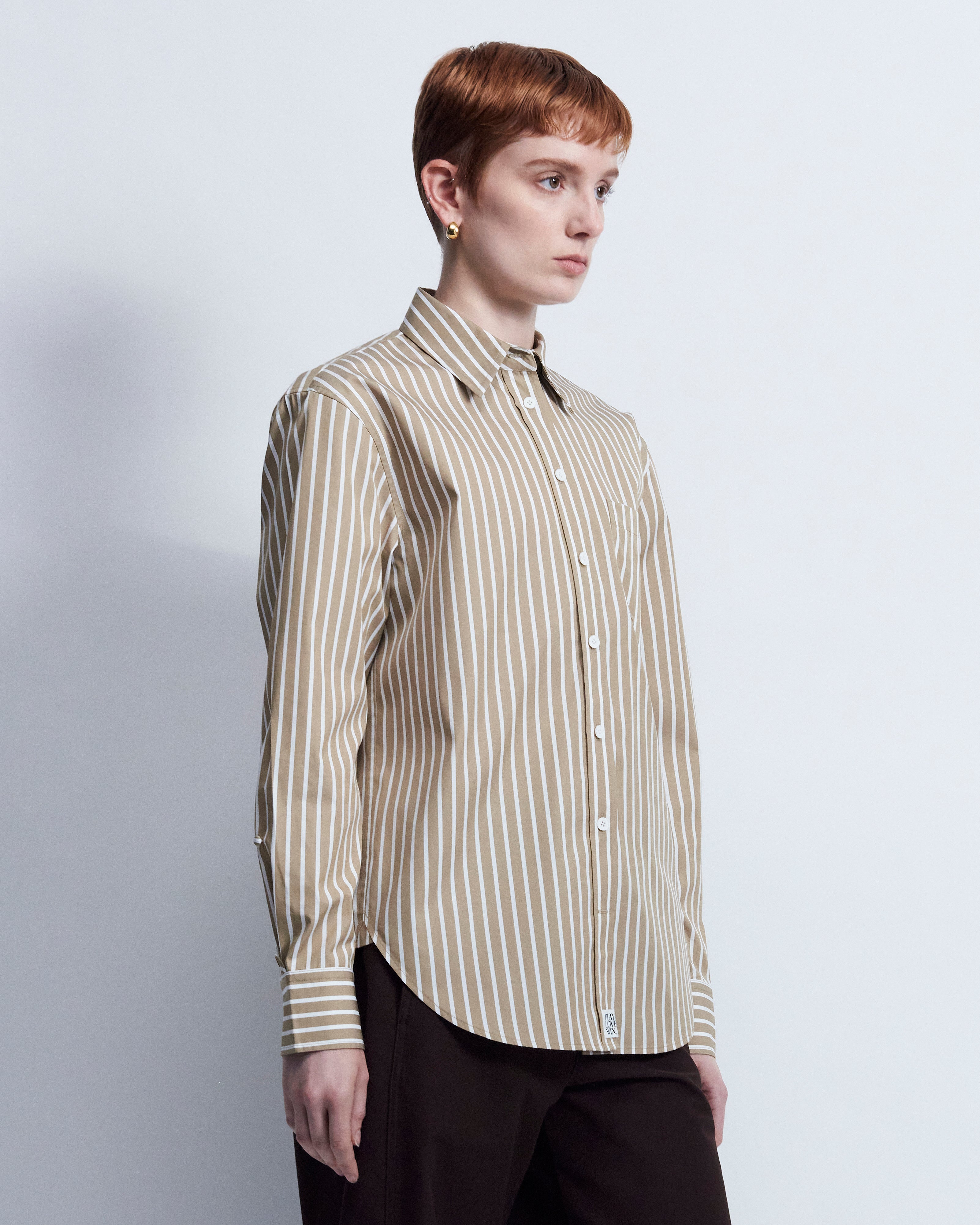 Maria - Striped Cotton Poplin in Light Brown Stripe - view 2