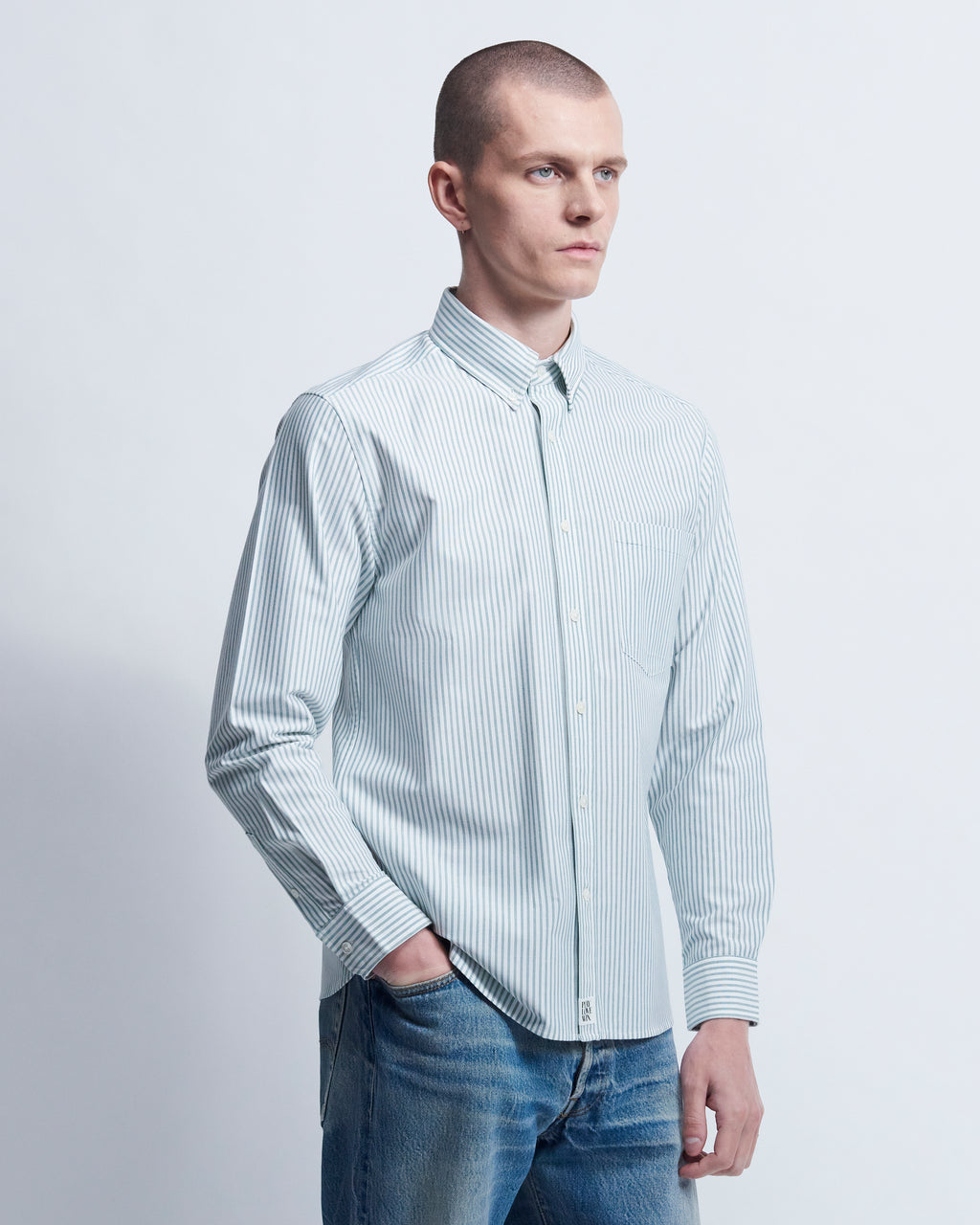Spencer - High Twist Oxford in Green Stripe - view 2