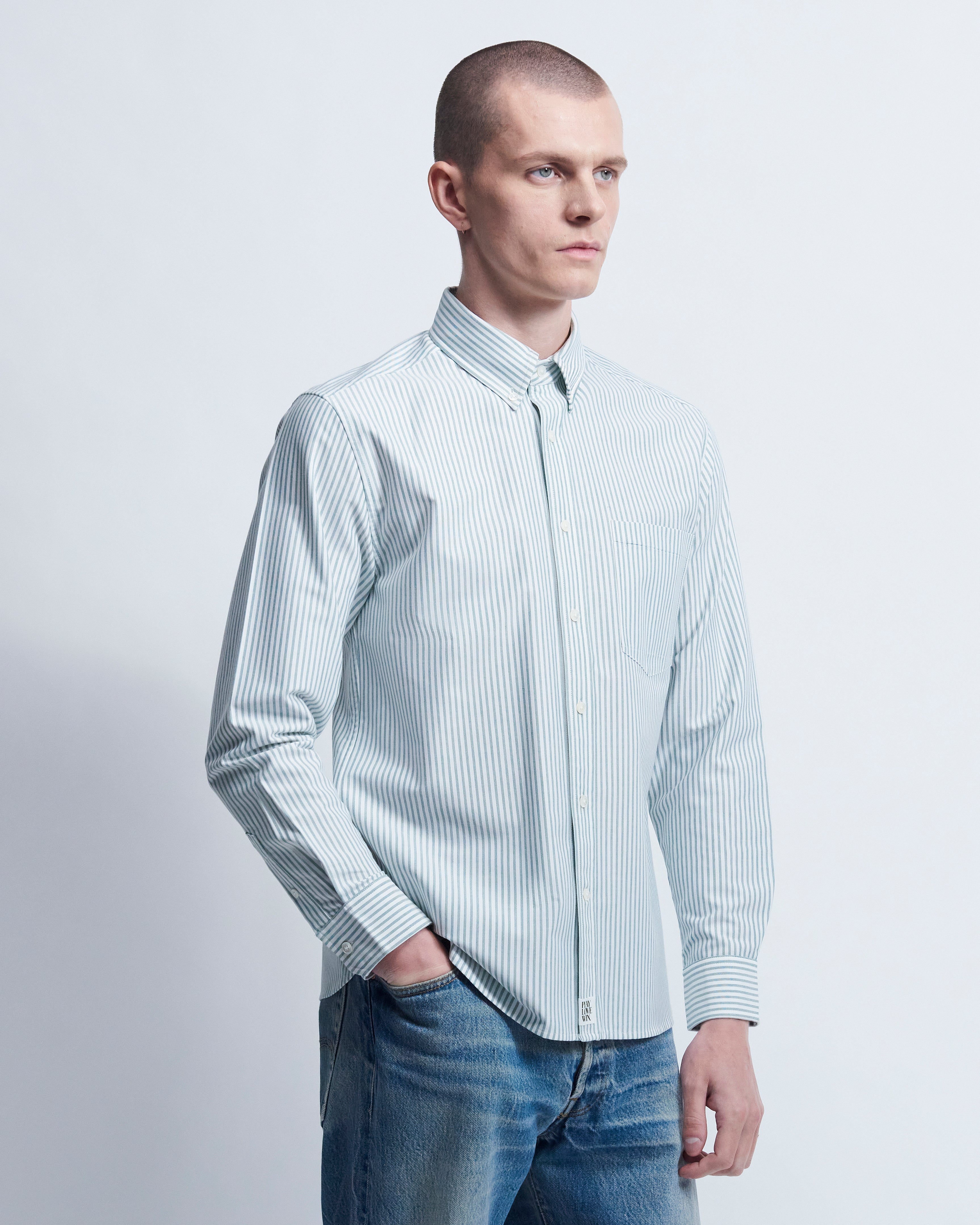 Spencer - High Twist Oxford in Green Stripe - view 2