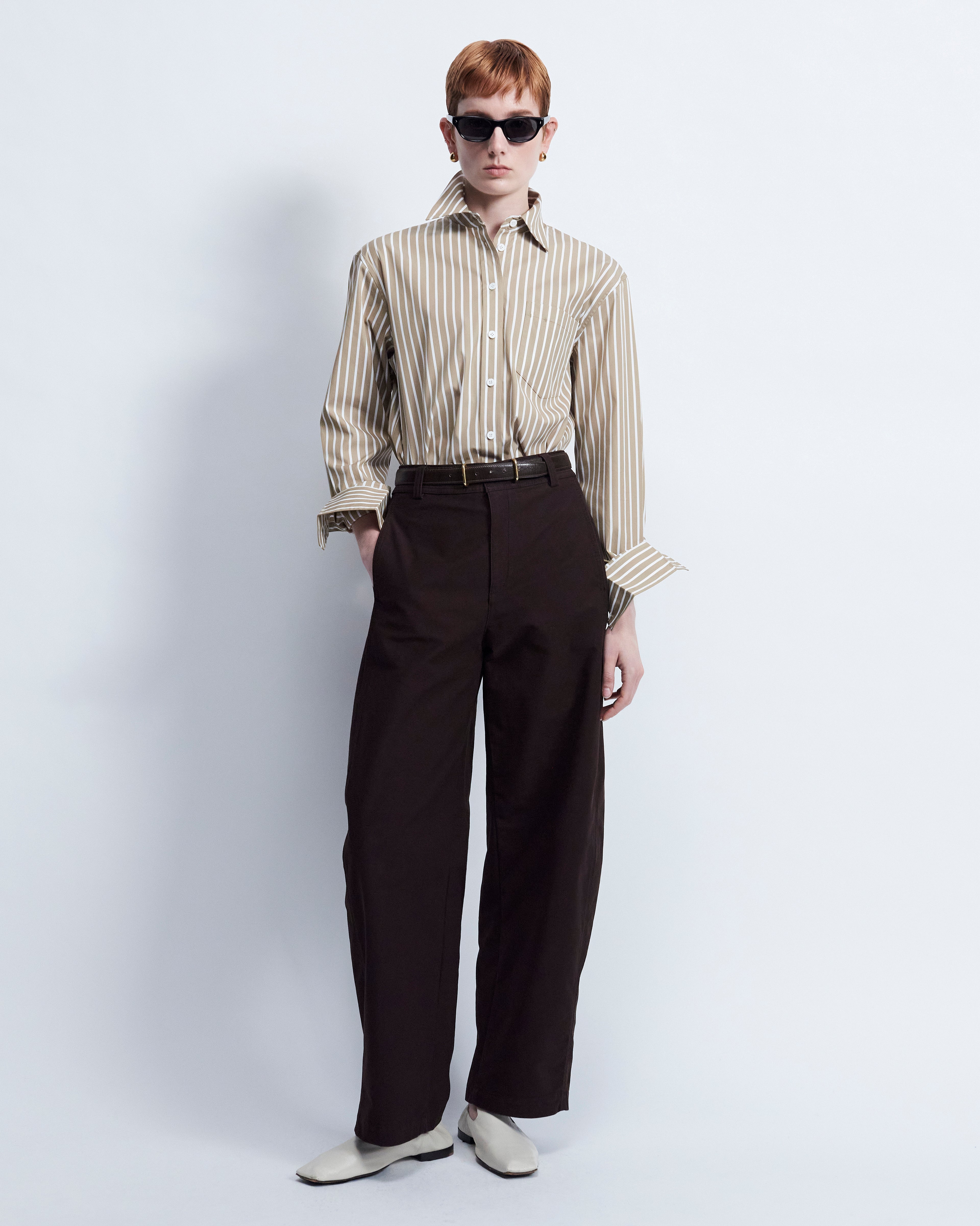Maria - Striped Cotton Poplin in Light Brown Stripe - view 4