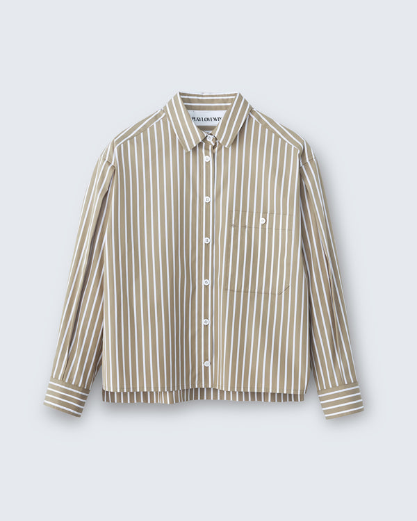 Linda - Striped Cotton Poplin in Light Brown Stripe - flat shot