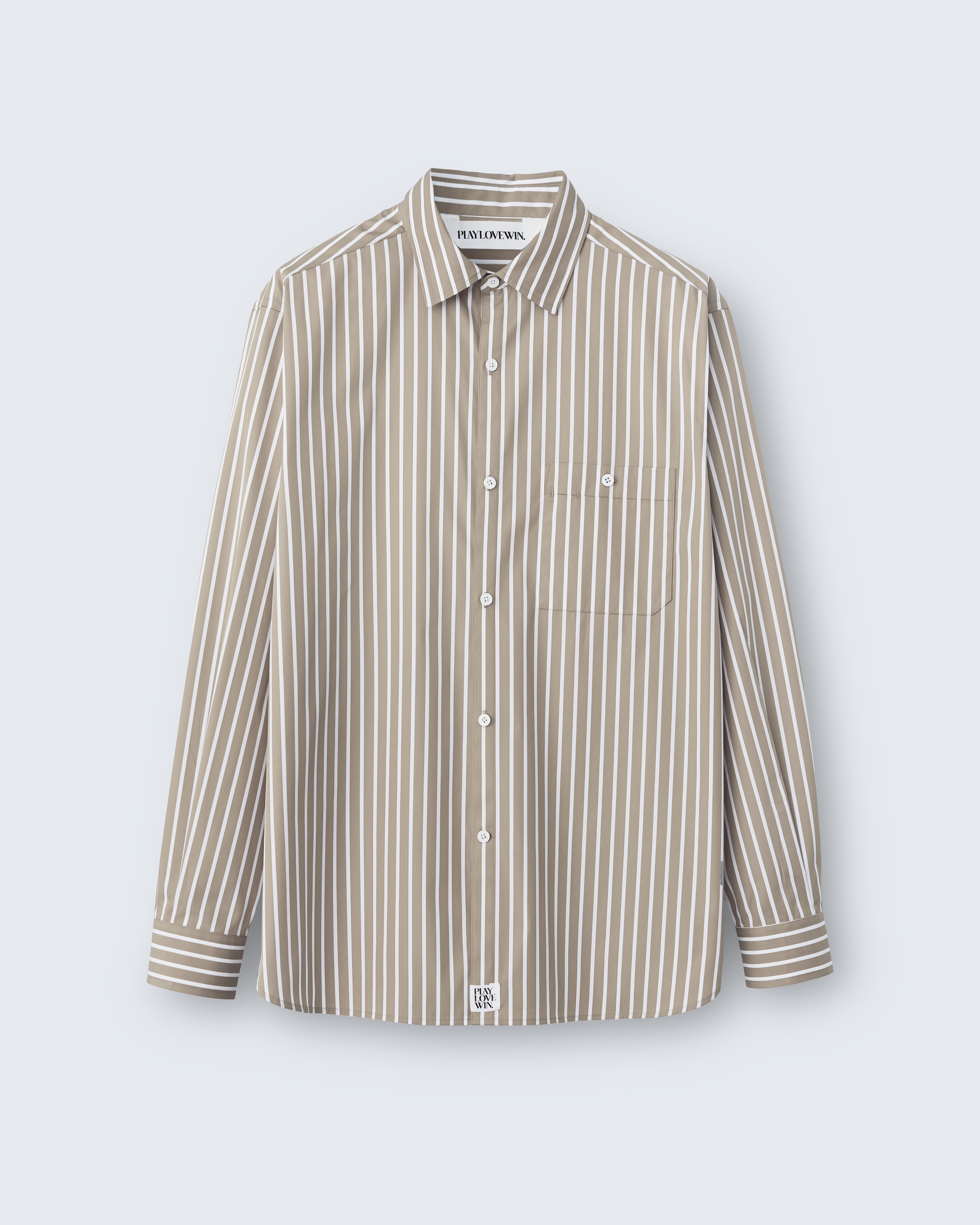 Walter - Striped Cotton Poplin in Light Brown Stripe - flat shot